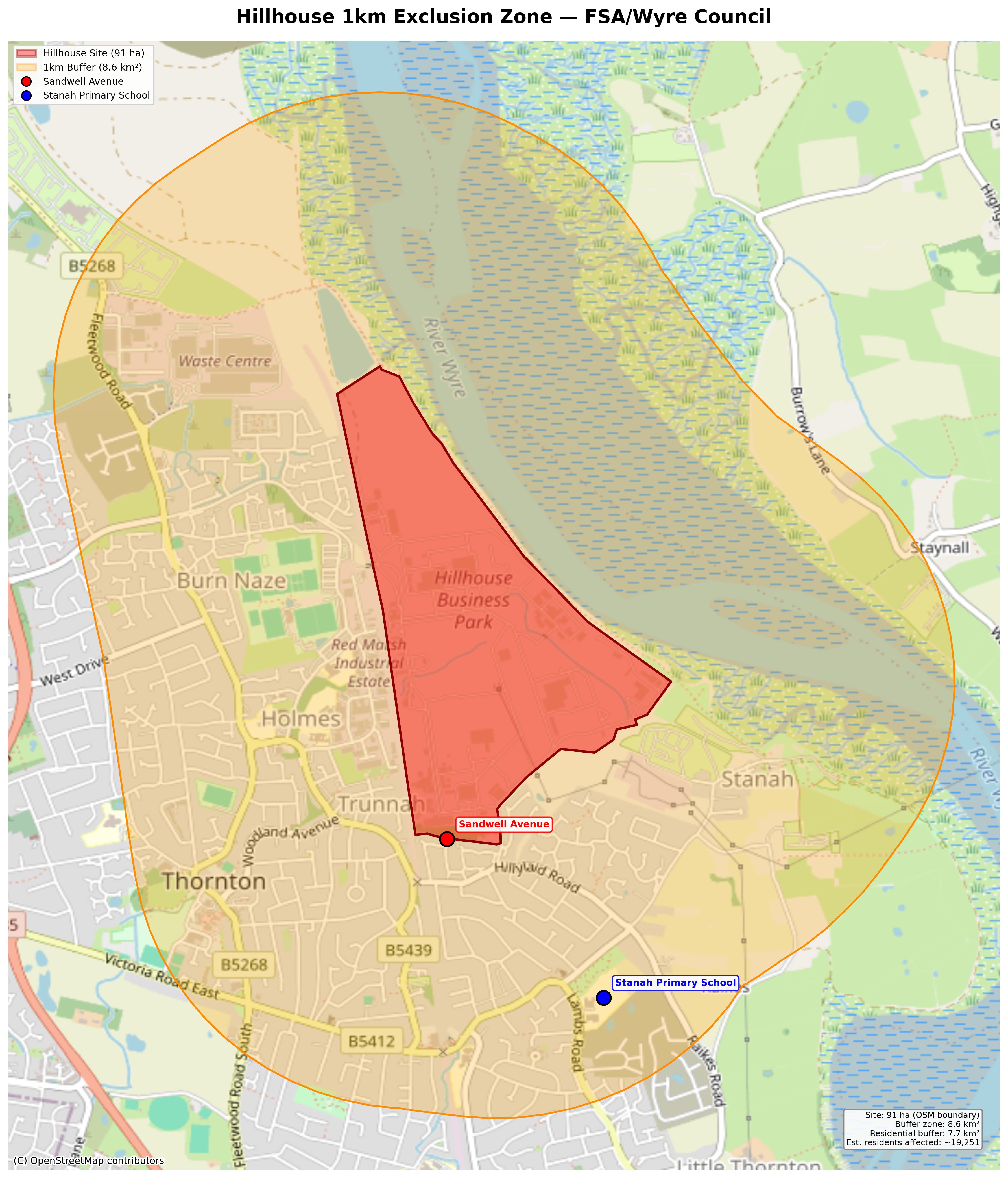 Hillhouse Watch interpretation map: a 1km buffer drawn from the Hillhouse estate boundary perimeter. This is not the official FSA/Wyre advisory zone, which the council has verbally described as 1km from the main stack.